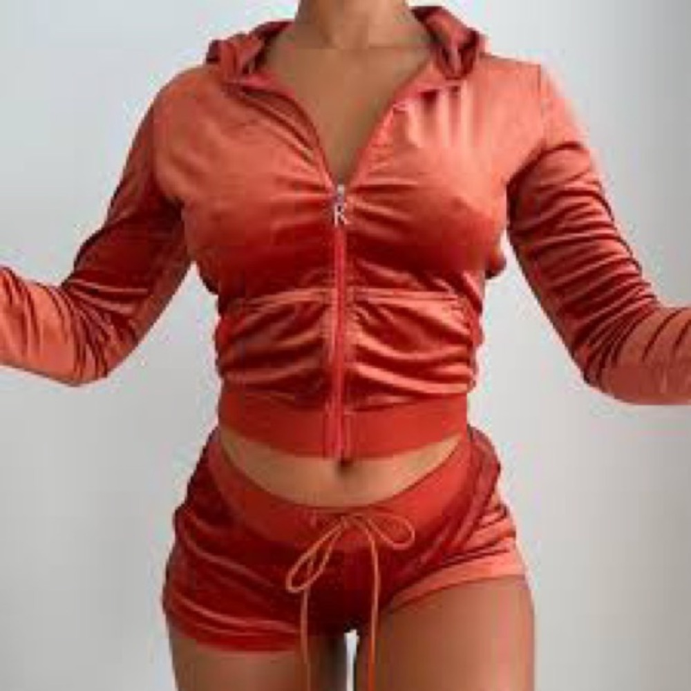 Kikithebrand Orange Velour Hoodie and Shorts Set